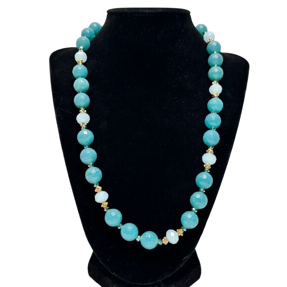 Amazonite Faceted and Glass Bead Necklace Gold Tone Magnetic Clasp 17 in Beauty - Picture 3 of 12